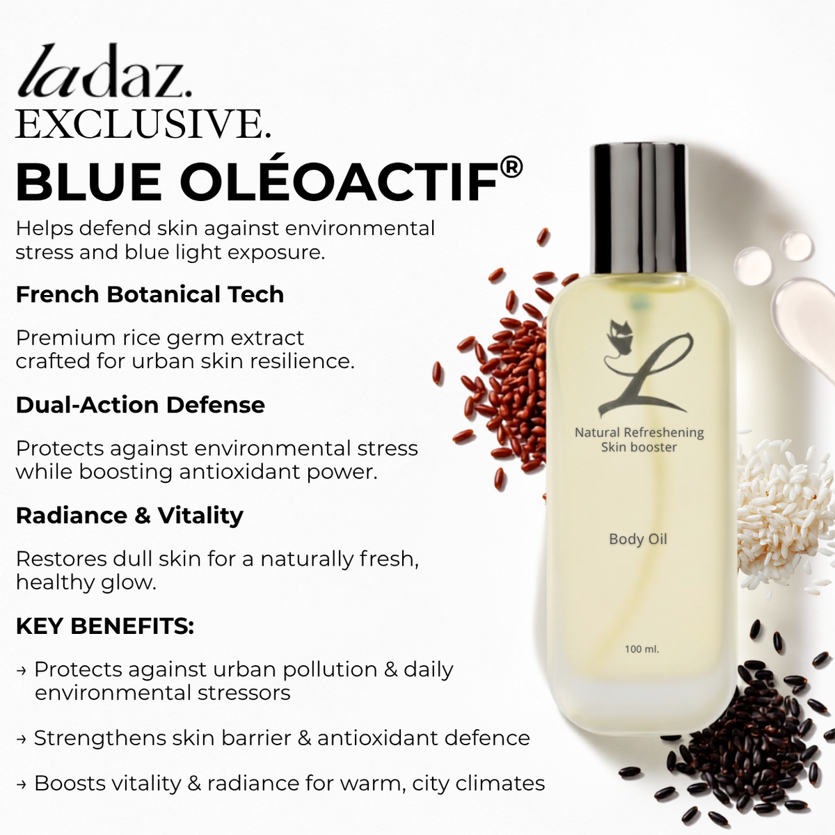 A bottle of Ladaz Blue Oléoactif body oil shown on a white background with product text callouts and decorative rice grains. The bottle is clear with pale yellow oil inside and a black cap.