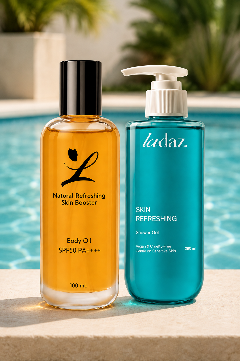 Two skincare products on a stone ledge by a swimming pool: a clear bottle of Ladaz Natural Refreshing Skin Booster SPF Body Oil with golden oil and a black cap, next to a blue translucent pump bottle of Ladaz Skin Refreshing Shower Gel.